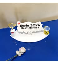 Doğal Beyaz Mermer İsimlik Haritalı Gold Dikme Ay Yıldız ve Dünya Küre