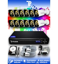PICAM 12 Kameralı Kare 12 Dış Kamera Set 100 GB HDD Full HD Renkli Gece Görüşlü Güvenlik Kamerası Sistemi
