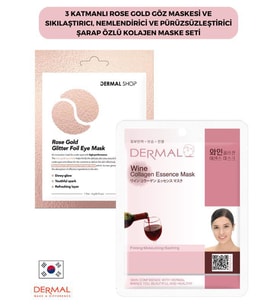 3 Katmanlı Rose Gold Göz Maskesi ve Sıkılaştırıcı, Nemlendirici Ve Pürüzsüzleştirici Şarap Özlü Kolajen Maske Seti