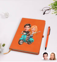BK Gift Kişiye Özel Sevgililer Karikatürlü Turuncu Termo Deri Defter Kalem Seti Model 99