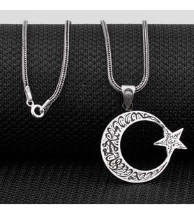 Kelimei Tevhid Yazılı Büyük Boy Ay Yıldız Tasarımlı 925 Ayar Gümüş Kolye