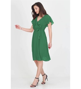 Neşeli butik kadın melek kol kruvaze yaka zümrüt yeşil şifon elbise NB8081