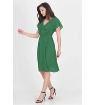 Neşeli butik kadın melek kol kruvaze yaka zümrüt yeşil şifon elbise NB8081