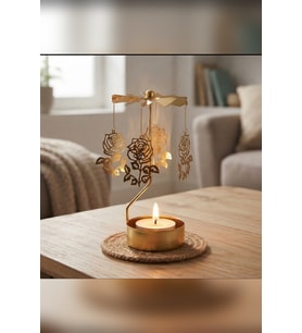 Dönen Mumluk Gül Figürlü Altın Metal Tealight Mum Tutucu Sevgiliye Hediye 15 cm