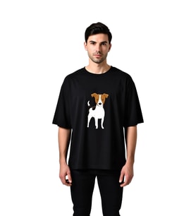 Sevimli Köpek Karikatürü Kahverengi Kulak ve Baskılı Erkek Oversize Tişört