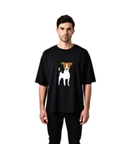 Sevimli Köpek Karikatürü Kahverengi Kulak ve Baskılı Erkek Oversize Tişört