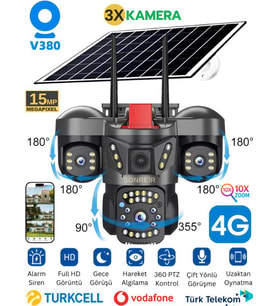 RXG 3 Kameralı Solar Güvenlik Kamerası 4G Sim Kartlı PTZ Hareketli Gece Görüşlü Güneş Panelli Kamera