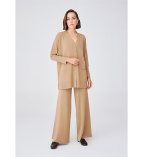 Peraluna NICOLA LONG CARDIGAN Cepli Klasik Kesim V Yaka Uzun Kadın Triko Hırka - Camel Melanj