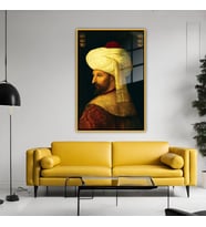 Metal Çerçeveli Temperli Cam Tablo Fatih Sultan Mehmet Portresi (Gold)