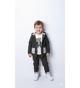 Erkek Çocuk %100 Pamuk Kadife Hırka, Pantolon ve Ayıcık Baskılı Uzun Kollu Sweatli 3'lü Premium Seri