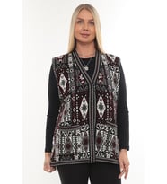 Kadın Etnik Model Triko Örgü Kilim Cepli Kışlık Kalın Anne Yelek (Gri)