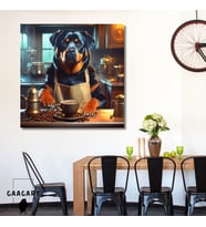 Kare Kanvas Kahve Köşesi Cafe Tablosu Barista Rottweiler Köpek