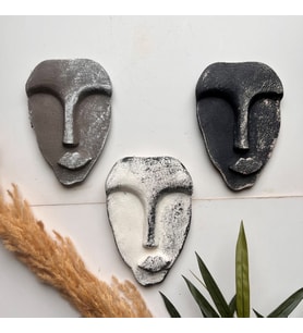 El Yapımı Taş Heykel Soyut Yüz Maske 3'li Set, Modern beton, eskitme taş görünümlü duvar dekor (Antrasit)