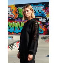 Kadın Bisiklet Yaka Düşük Kol File Detaylı Kalın İçi Polarlı Normal Kalıp Örme Sweatshirt