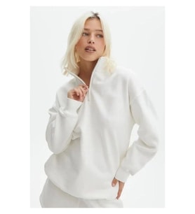 Unisex Uzun Kol Yarım Farmuarlı Yakalı Basic SweatShirt - Beyaz