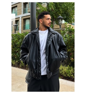 Vintage Erkek Oversize Siyah Deri Ceket