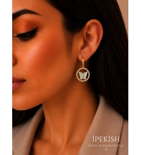 İpekish Gold Halka Kelebek Figürlü Zirkon Taşlı Kadın Küpe Mint Yeşili Taş Detaylı Sallantılı Çelik Küpe