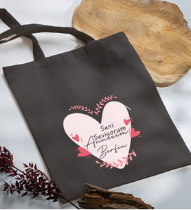 BK Gift Kişiye Özel İsimli Anneler Günü Tasarımlı Antrasit Kumaş Bez Çanta, Baskılı Omuz Çantası, Alışveriş Çantası, Anneler Günü Hediyesi, Anneye Hediye-10