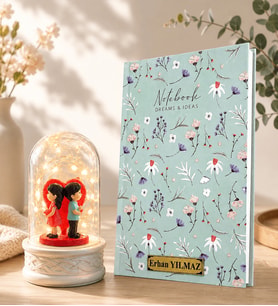 Kişiye Özel Şık Defter ve LED Işıklı Sırt Sırta Sevgili Biblolu Fanus Hediye Seti