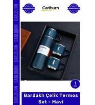 Özel Üretim Isı Yalıtımlı Paslanmaz Hediye Kutulu Vakumlu Sızdırmaz Bardaklı Çelik Termos Set Mavi (Çok Renkli)