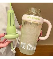 ICE CREAM Tasarımlı Pipetli Suluk 1.3 Litre Büyük Hacimli, Şeffaf Renkli Matara, Sızdırmaz Kapak (Yeşil)