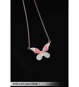 925 Ayar Gümüş Rose Kaplama Pembe Sedef Mineli Kelebek Kolye Model 1