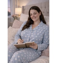 Büyük Beden Uzun Kollu Kadın Pijama Takımı – Yumuşak Dokulu Esnek Kumaş Düğmeli Rahat Kalıp (Mavi)