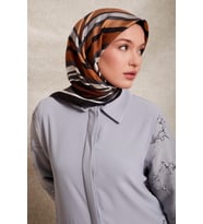 Kare Desenli Twill İpek Eşarp-0920 (Füme)