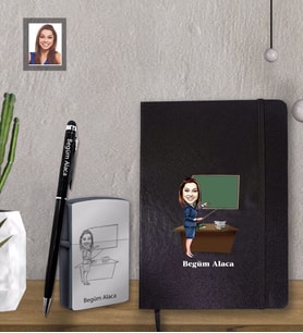Kişiye Özel Öğretmen Karikatürlü  Siyah Defter Kalem Çakmak Hediye Seti  Bayan-18 (Model 1)