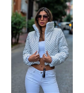 Markano Beyaz Dik Yaka Desenli Kısa Şişme Mont