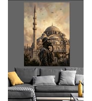 Cami Önünde Gaz Maskeli Asker Dekoratif Kanvas - Mdf Ahşap Tablo