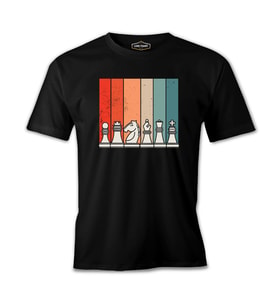 Chess Pieces with Rectangular Retro Sunset Background Siyah Erkek Tshirt