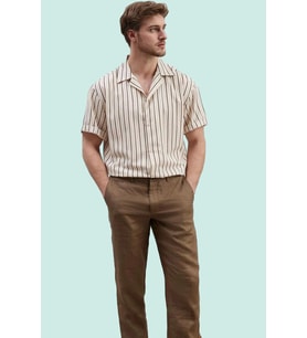Erkek Basic Oversize Keten Karışımlı Gömlek Çizgili Apaş Yaka Rahat Günlük Kaliteli Malzeme (Ekru)