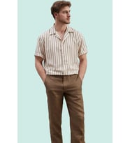 Erkek Basic Oversize Keten Karışımlı Gömlek Çizgili Apaş Yaka Rahat Günlük Kaliteli Malzeme (Ekru)