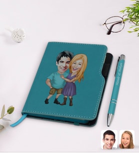 BK Gift Kişiye Özel Sevgililer Karikatürlü Turkuaz Termo Deri Defter Kalem Seti-80