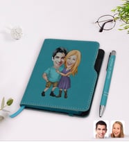 BK Gift Kişiye Özel Sevgililer Karikatürlü Turkuaz Termo Deri Defter Kalem Seti-80