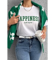 Unisex Happiness Baskılı Tasarım Tshirt (Beyaz)