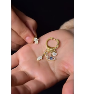 925 Ayar Gümüş Gold Kaplama Fatma Eli Göz Stilize Sallantılı Küpe
