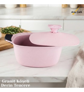 24 Cm Granit Köşeli Derin Tencere Alüminyum Kapak - Pembe