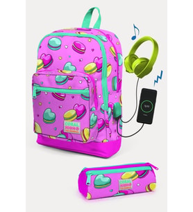 Coral High Kids Açık Pembe Su Yeşili Makaron Desenli USB'li 2'li Okul Çanta Seti - Kız Çocuk