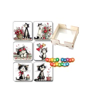 BİLGE tasarım sevgiliye kedi temalı Ahşap Bardak Altlığı - 6 lı set Set AHŞAP ÖZEL TASARIM KUTULU