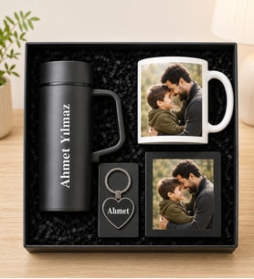 Kişiye Özel Premium Kutu Kulplu Termos Bardak Fotoğraflı Kupa Bardak Metal Kalp Anahtarlık Masaüstü Siyah Çerçeve