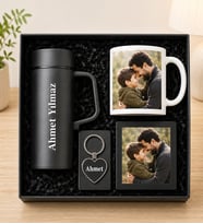 Kişiye Özel Premium Kutu Kulplu Termos Bardak Fotoğraflı Kupa Bardak Metal Kalp Anahtarlık Masaüstü Siyah Çerçeve