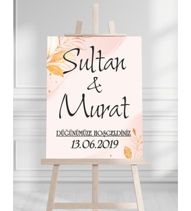 Söz Nişan Düğün İçin 50x70 Karşılama Panosu - Pembe ve Altın Çiçek Desenli