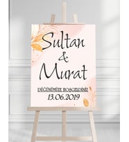 Söz Nişan Düğün İçin 50x70 Karşılama Panosu - Pembe ve Altın Çiçek Desenli