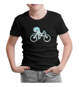 Hayvan - Ahtapot Bisiklet Siyah Çocuk Tshirt