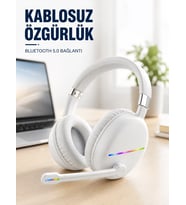 Mey İthalat® Kablosuz Bluetooth Mikrofonlu Beyaz Kulaklık RGB Işıklı