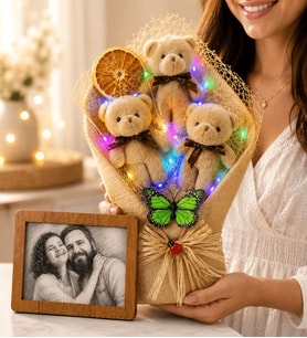 Renkli Led Kahve Ayıcık Buketi ve Karakalem Fotoğraflı Çerçeve Hediye Seti