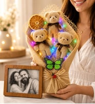 Renkli Led Kahve Ayıcık Buketi ve Karakalem Fotoğraflı Çerçeve Hediye Seti