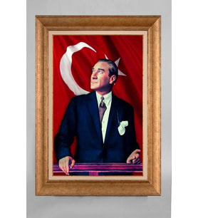 Altın Varaklı Çerçeveli Paspartulu Atatürk Tablo a644 (Gold)